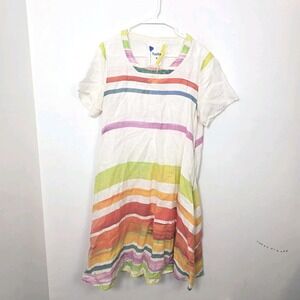 Yuvita White Colorful Rainbow Beachy Striped 100% Linen Knee Length Dress Size M